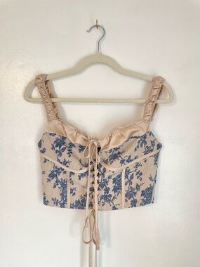 CIDER cream and blue floral corset top with lace up detail size small
